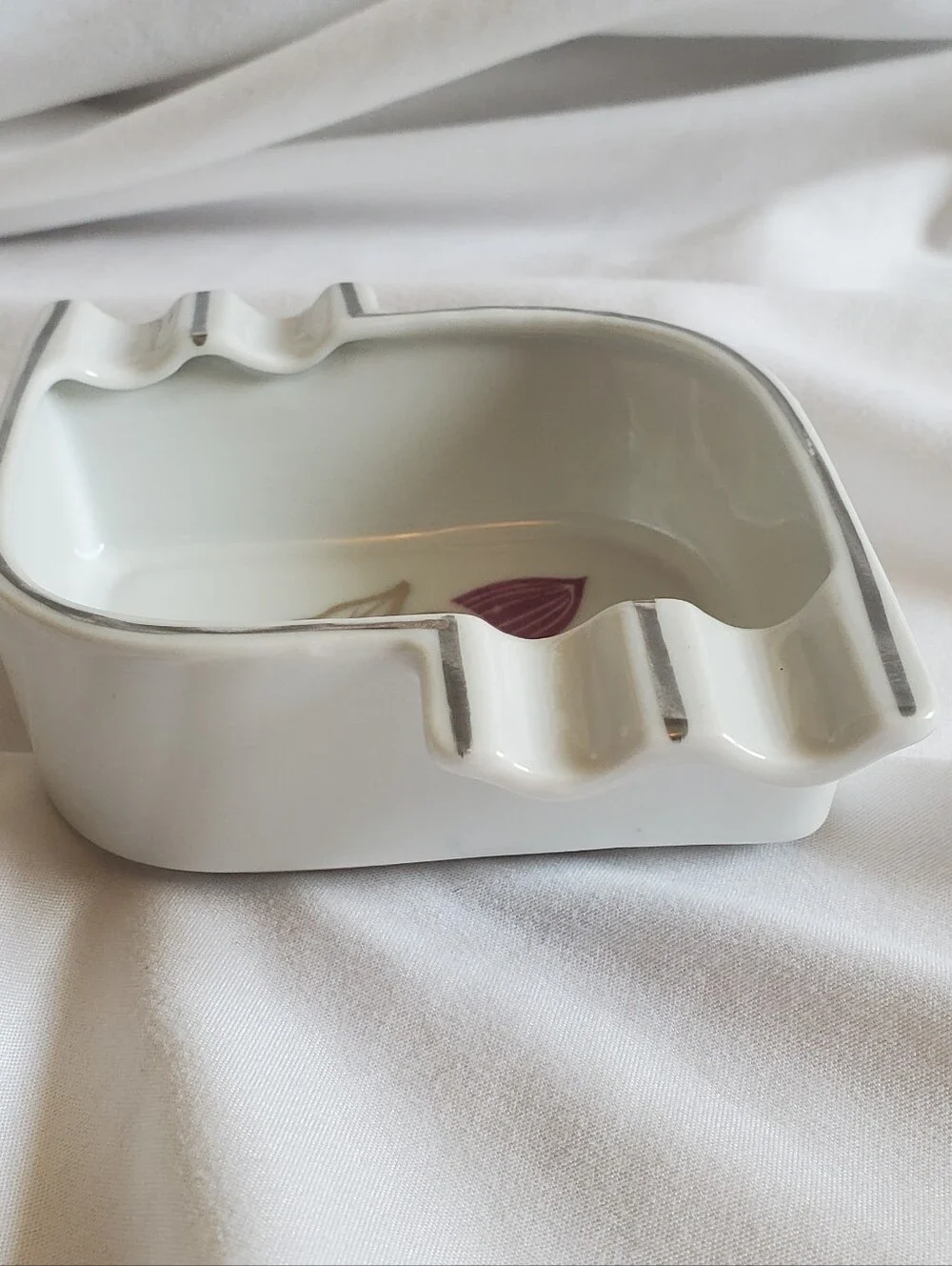 Ucagco China Vintage White Porcelain Ashtray with Gold and Plum Floral Accent